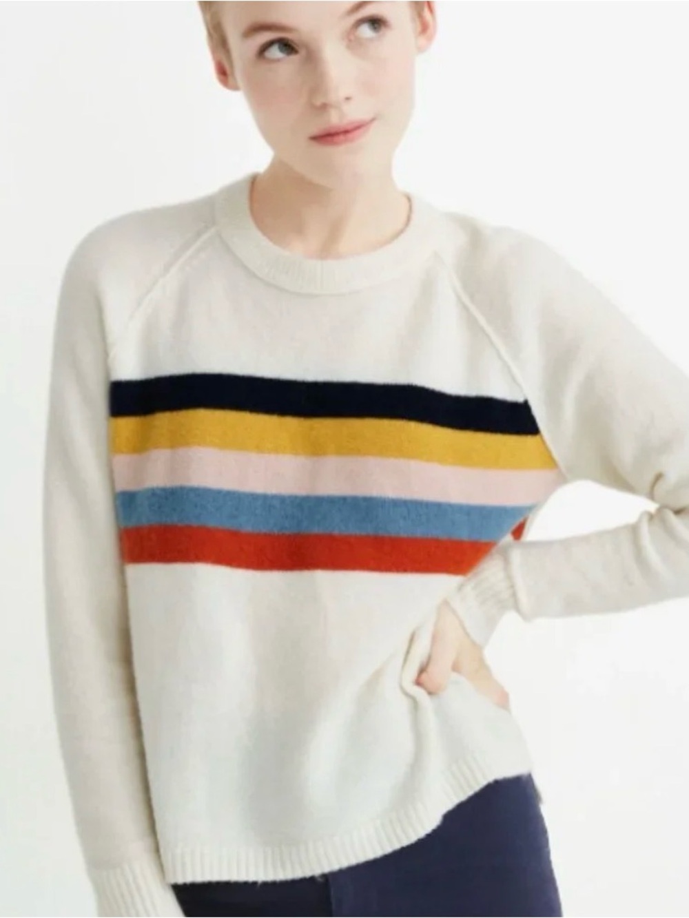 Madewell Allister Placed Stripe Crew Neck Sweater in Coziest Yarn Cream SZ L